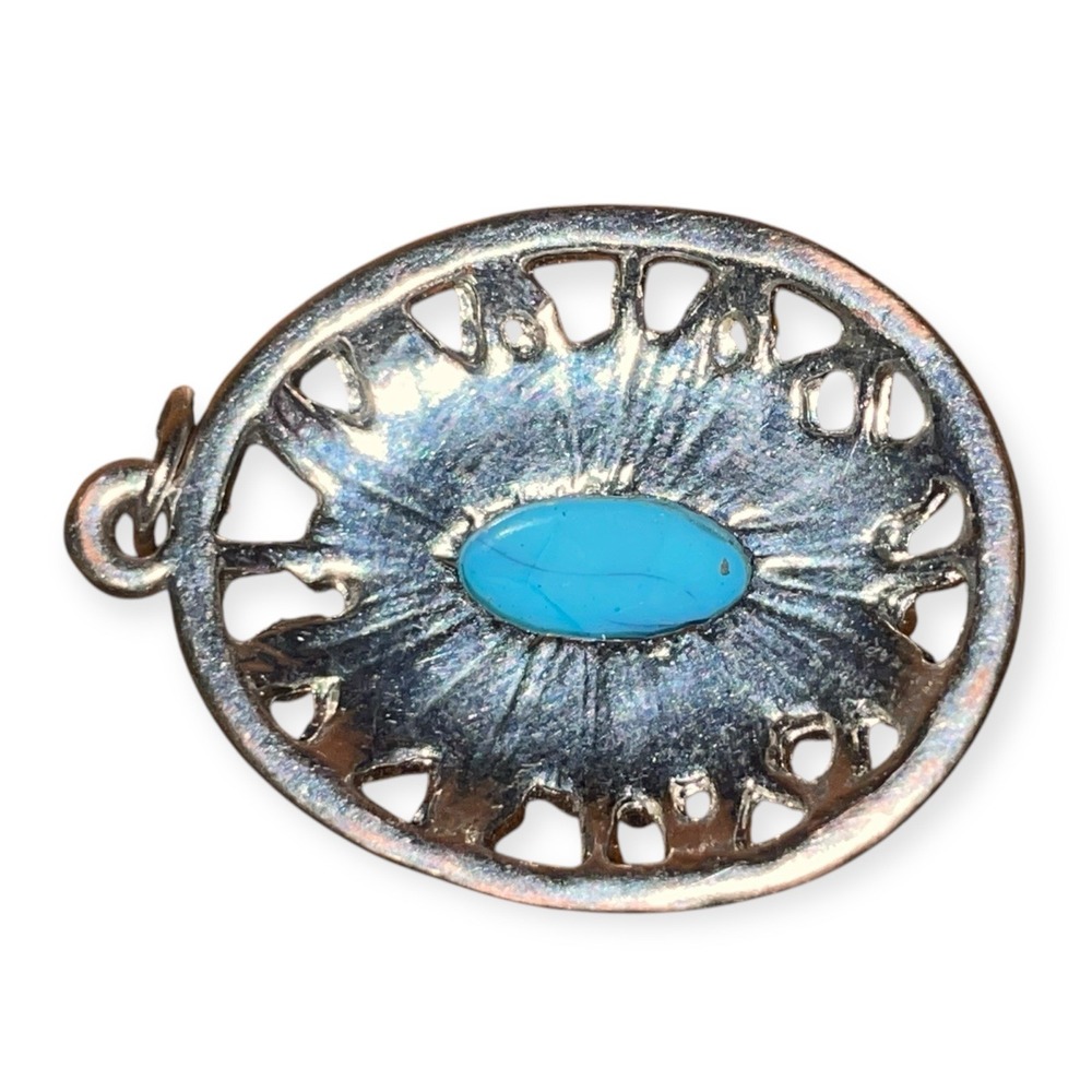 Faux Turquoise Cabochon Pendant Ornate Oval Southwestern Silver Tone Filigree - Picture 2 of 3